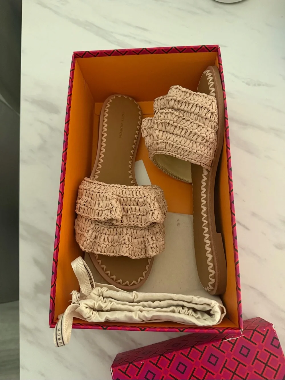 Tory Burch Natural Raffia Ruffle Slide Mules